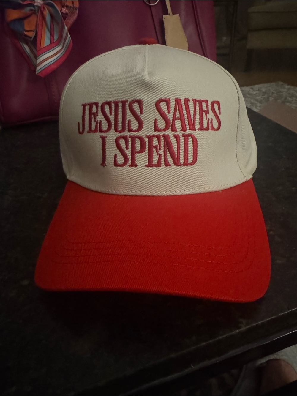 White and Red Embroidered 'Jesus Saves I Spend' Trucker Hat